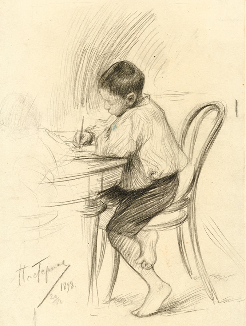 Drawing of a boy with pencil in hand sitting at a table or desk in shorts and bare feet