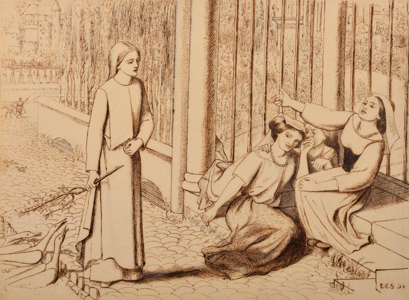 Line drawing of a woman passing two other women sat on steps, based on Browning's poem by Lizzie Siddal, 1854