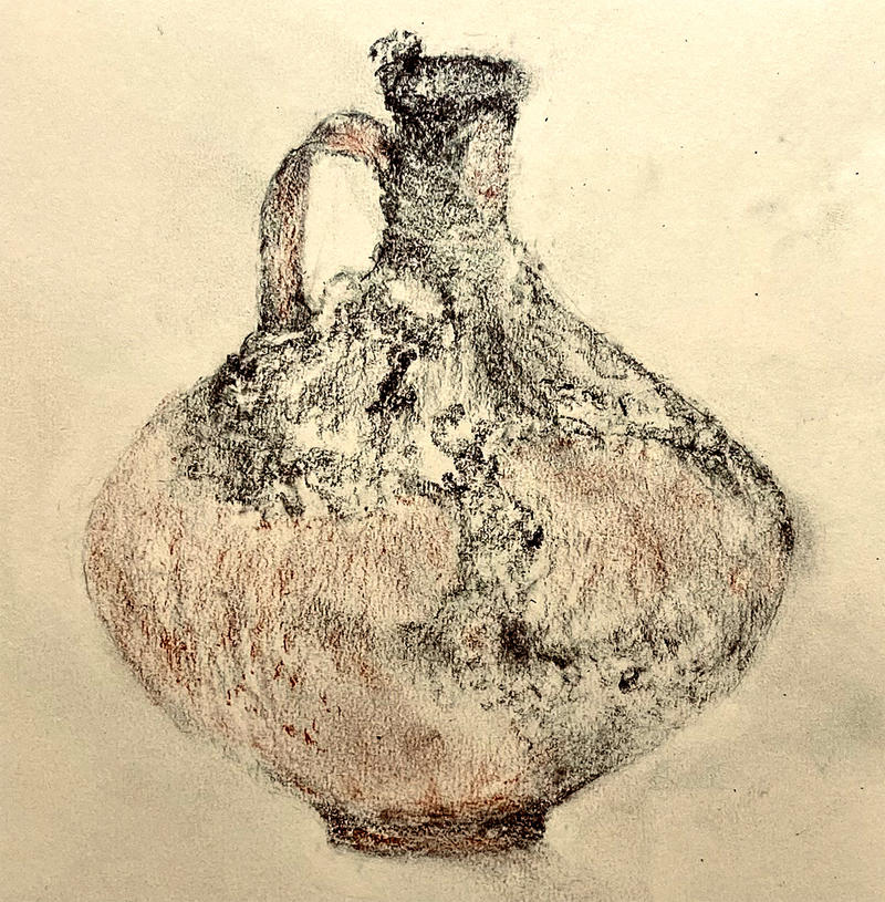 Drawing of a pot by Helen Edwards in black and smudgy reds