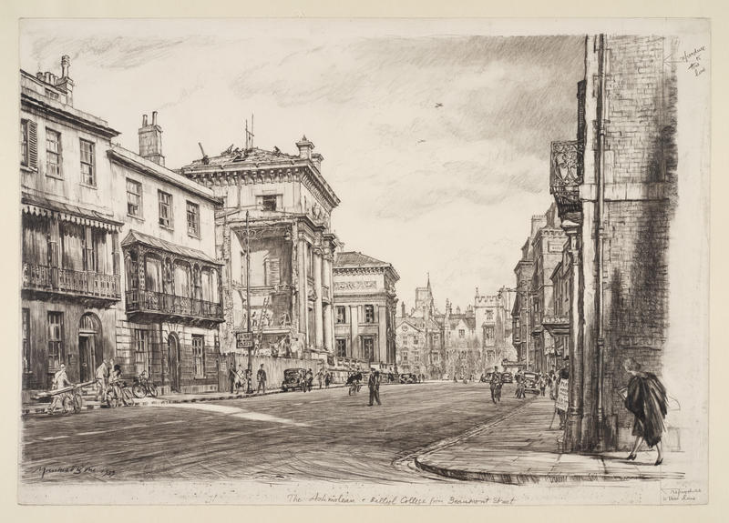 Print of The Ashmolean and Balliol College from Beaumont Street for the The Oxford Almanack for 1940, 1939, by Muirhead Bone