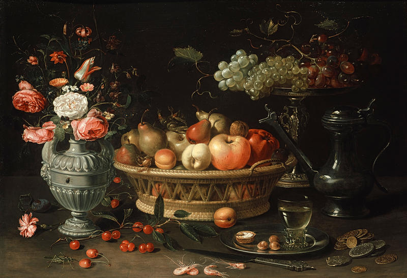 A still life painting of fruits and flowers