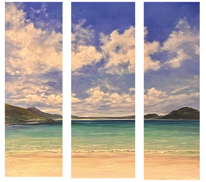 A beach scene in pastels in 3 strips