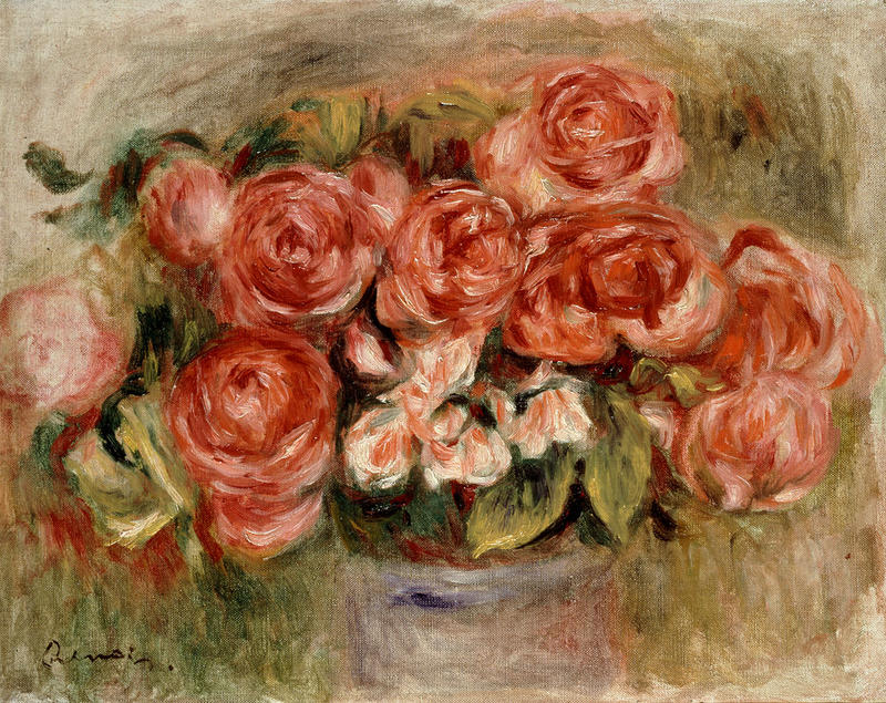 Still life oil painting of pink roses in a vase, by Pierre-Auguste Renoir