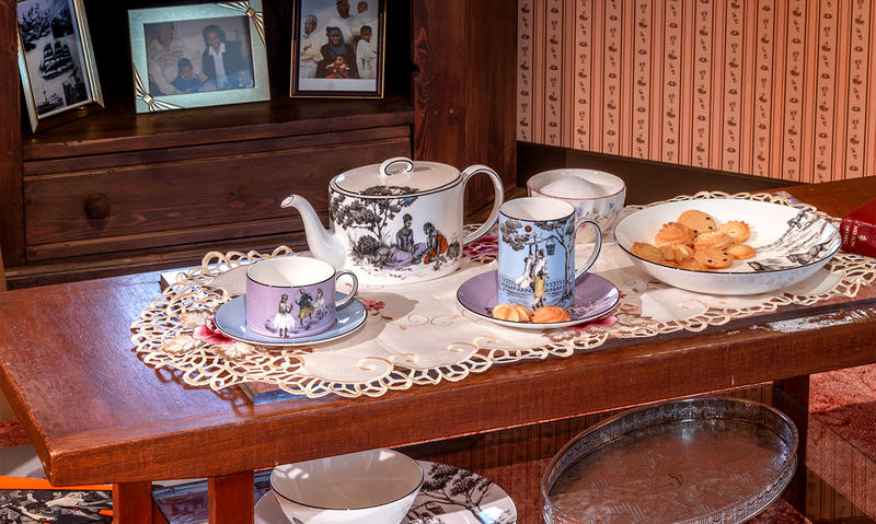 China tea set from the 1950s-60s Caribbean Living Room installation on a central table