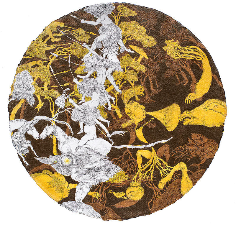 Vibrant and detailed circular drawing of figures and animals in yellow, white and browns by contemporary Bangladeshi artist Soma Surovi Jannat 