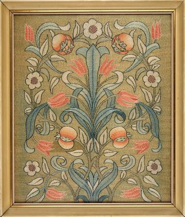 Pomegranate rose and tulip panel design in green and yellow and orange by May Morris