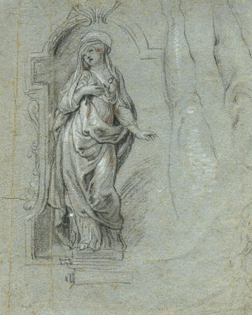 Chalk drawing attributed to Lucas Faydherbe of a statue of Mary