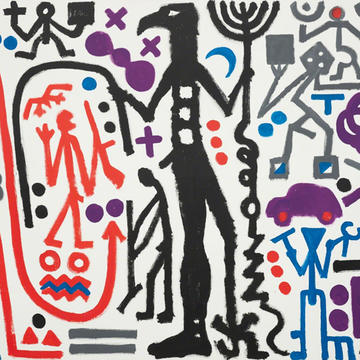 Colourful line art by A.R. Penck of figures, lines and abstract shapes