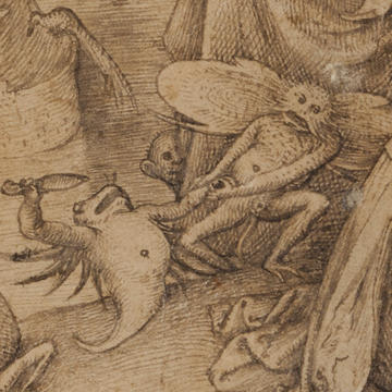 Bruegel's Temptation of St Anthony drawing detail of two of the strange creatures and figures fighting