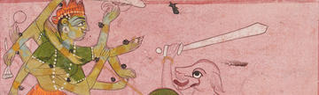 Gouache painting in delicate pinks, reds and greens of Durga slaying the buffalo demon from a manuscript of the Devimahatmya, 17th century