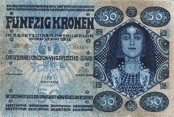 Draft artwork for 50-crown note for the Austro-Hungarian Bank, Koloman Moser, 1902 in gouache & coloured pencil on graph paper