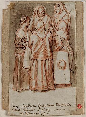 Chalk and ink pen drawing showing a scene of Five Women Chatting by Jacque Jordaens, 1659