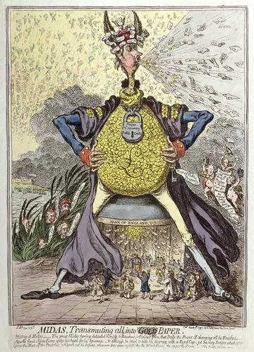 Hand-coloured etching of Midas transmuting all into Paper by James Gillray, made in 1797