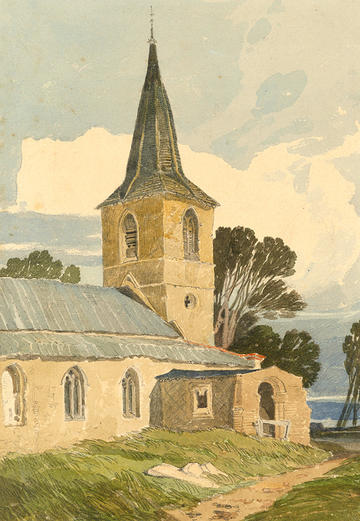 John Sell Cotman's watercolour in greys, creams, pale blues and greens of Cranworth Church in Norfolk, 1809-10