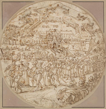 Circular ink drawing by Maerten de Vos showing a busy scene with buildings and figures. The scene depicted is the liberation of Antwerp.