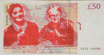 One of artist Pamela Hoare's Notable Women series of Defaced British Bank Notes in red and multicolour print on a £50 note. Shows portraits of Boulton and Watt obscured by overprinted portraits of Sarah Guppy and Beatrice 'Tilly' Shilling.