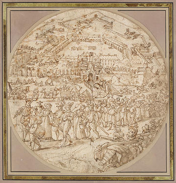 Drawing showing the demolition of city walls in Antwerp in the 1500s