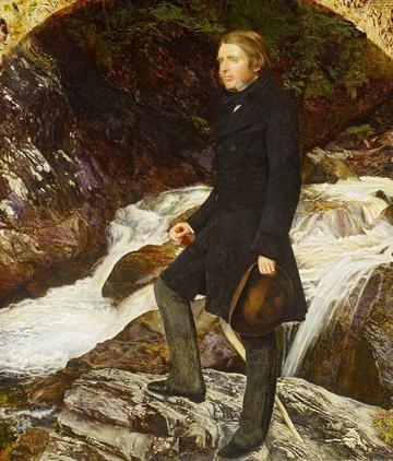 Millais' portrait of John Ruskin in front of a stream, holding his hat, 1853-1854, in oil on canvas