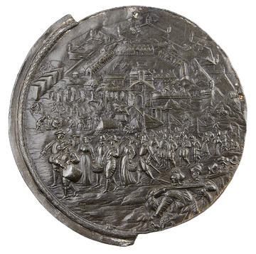Cast lead plaquette showing the Liberation of Antwerp - one of four, 1577
