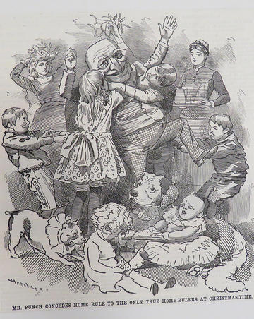 Black and white Victorian Christmastime Punch cartoon showing a family in chaotic revelry