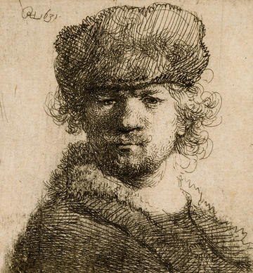 Self-portrait drawing by Rembrandt of the artist wearing a cap