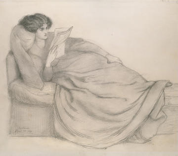 Jane Morris reading a newspaper by Rossetti, 1870, in graphite on off-white paper
