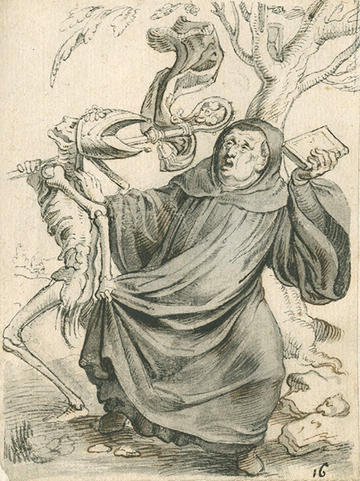 The abbot and death by Rubens, a black and white drawing he made at 13 years old