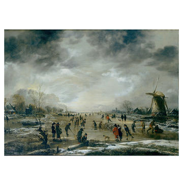 A painting by Aert van der Neer of a winter landscape with skaters on a frozen river