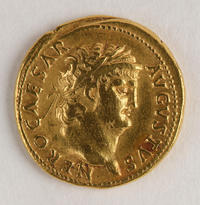 Gold Aureus of Nero (54-68 CE) coin from the Rome mint showing the profile of the emperor
