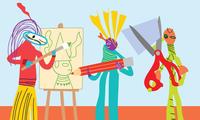 Illustrated characters with drawing and cutting out tools Family poster